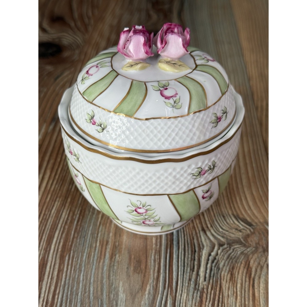 Hollohaza Hungary Covered Sugar Bowl Savaria Pink - Green Flowers Gold Trim 6"